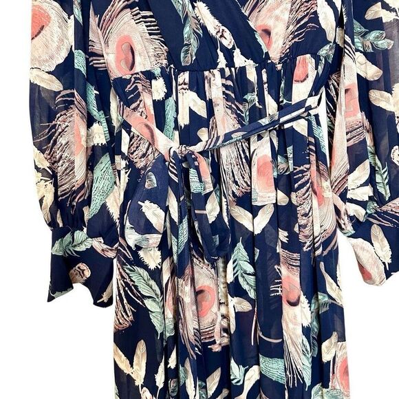 Miss Avenue Feather Print Tie Waist Long Sleeve Maxi Dress Multicolor Large - Picture 3 of 5